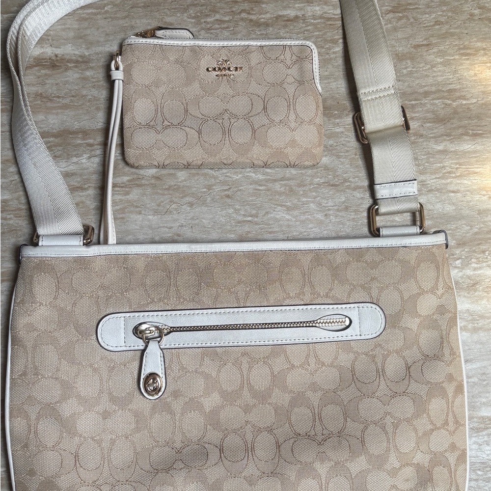 Coach Signature Beige Crossbody Bag + Wristlet Pouch Set